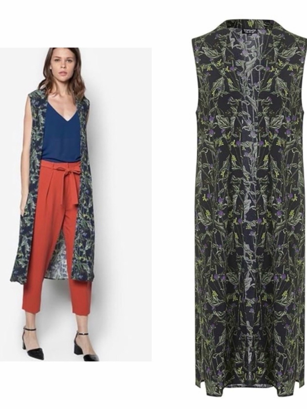 Topshop Green Printed open front duster